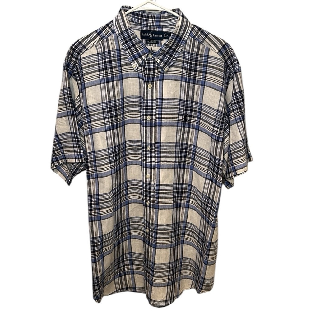Polo Ralph Lauren 100% Linen Short Sleeve Blue/White Plaid Button Shirt Mens XXL